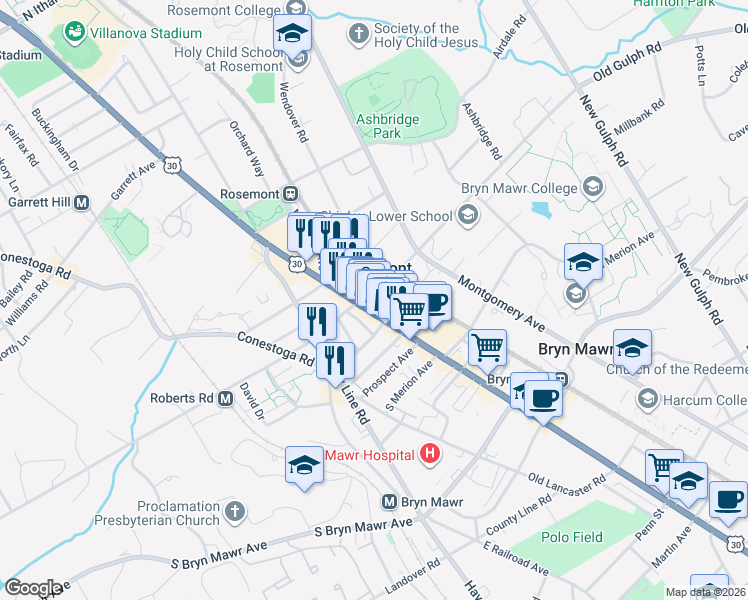 map of restaurants, bars, coffee shops, grocery stores, and more near in Montgomery County