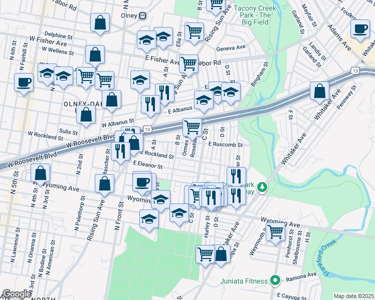 map of restaurants, bars, coffee shops, grocery stores, and more near 4929 Ormes Street in Philadelphia