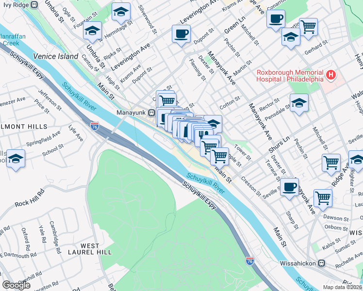 map of restaurants, bars, coffee shops, grocery stores, and more near 4313-17 Main Street in Philadelphia
