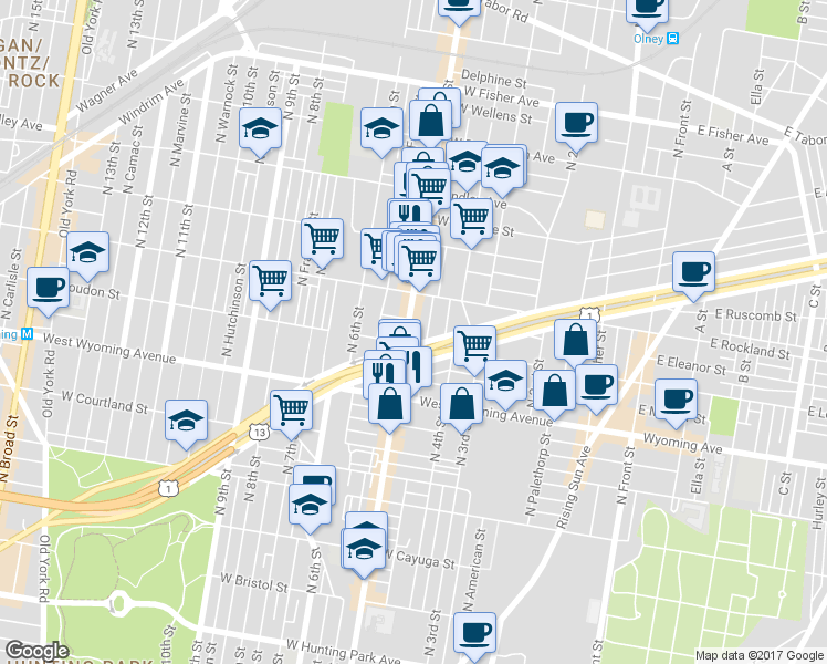 map of restaurants, bars, coffee shops, grocery stores, and more near 4815 North 5th Street in Philadelphia