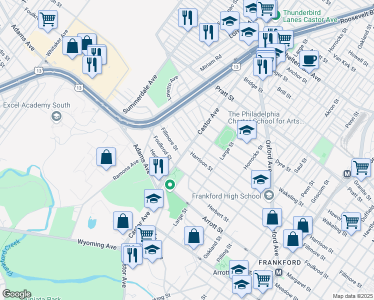 map of restaurants, bars, coffee shops, grocery stores, and more near Harrison St & Castor Ave in Philadelphia