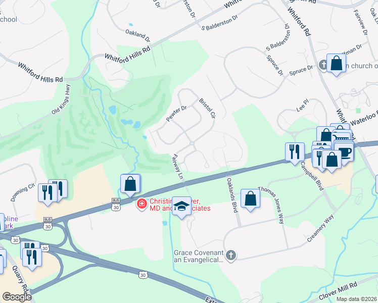 map of restaurants, bars, coffee shops, grocery stores, and more near 57 Buttonwood Drive in Exton