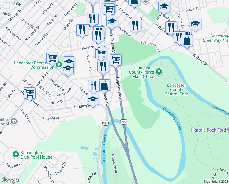 map of restaurants, bars, coffee shops, grocery stores, and more near 824 Highland Avenue in Lancaster