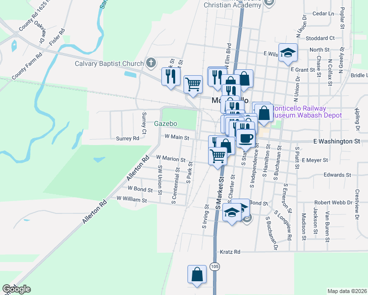 map of restaurants, bars, coffee shops, grocery stores, and more near 212 South Centennial Street in Monticello