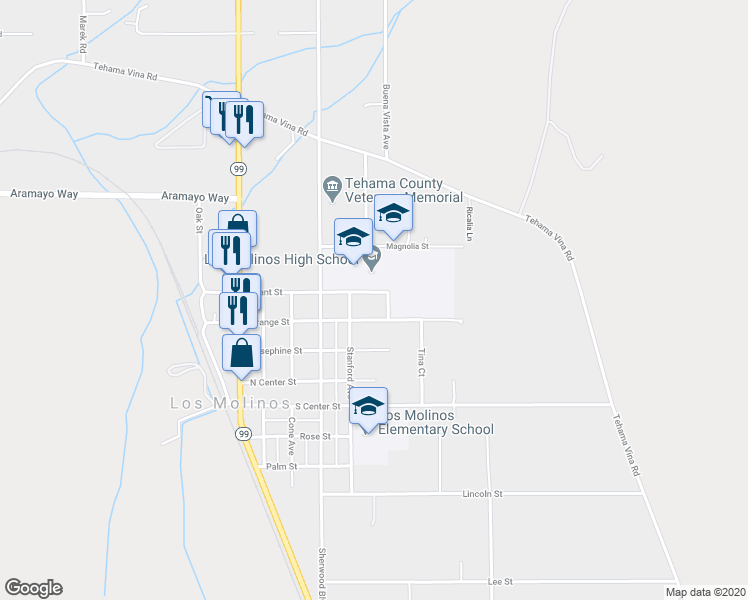 map of restaurants, bars, coffee shops, grocery stores, and more near 25273 Grant Street in Los Molinos