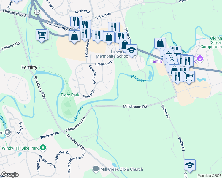map of restaurants, bars, coffee shops, grocery stores, and more near 455 Coreopsis Drive in Lancaster