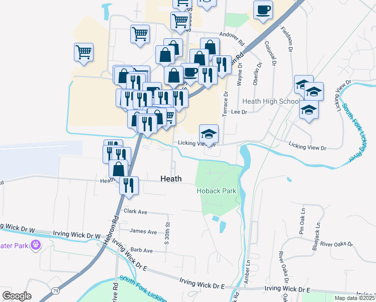 map of restaurants, bars, coffee shops, grocery stores, and more near 31 Licking View Drive in Heath