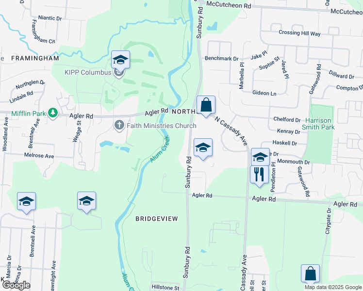 map of restaurants, bars, coffee shops, grocery stores, and more near 2621 Sunbury Road in Columbus