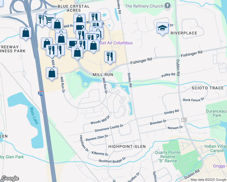 map of restaurants, bars, coffee shops, grocery stores, and more near 3586 Fishinger Mill Drive in Hilliard