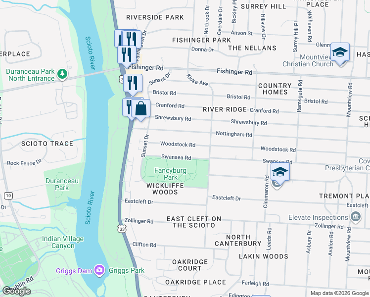 map of restaurants, bars, coffee shops, grocery stores, and more near 2697 Woodstock Road in Columbus