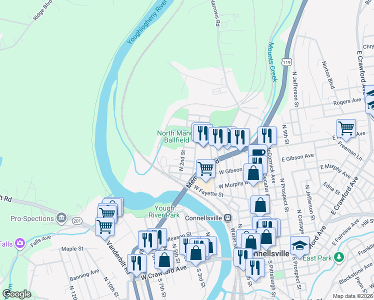map of restaurants, bars, coffee shops, grocery stores, and more near 502 Francis Avenue in Connellsville