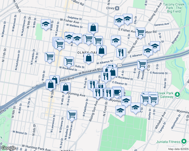map of restaurants, bars, coffee shops, grocery stores, and more near 180 West Roosevelt Boulevard in Philadelphia