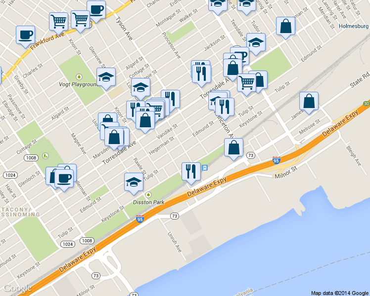 map of restaurants, bars, coffee shops, grocery stores, and more near 6930 Tulip St in Philadelphia