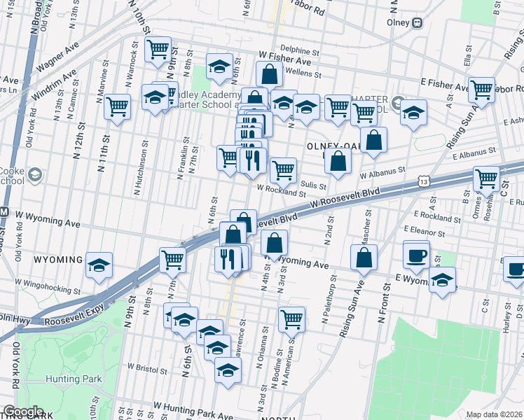 map of restaurants, bars, coffee shops, grocery stores, and more near 439 West Roosevelt Boulevard in Philadelphia