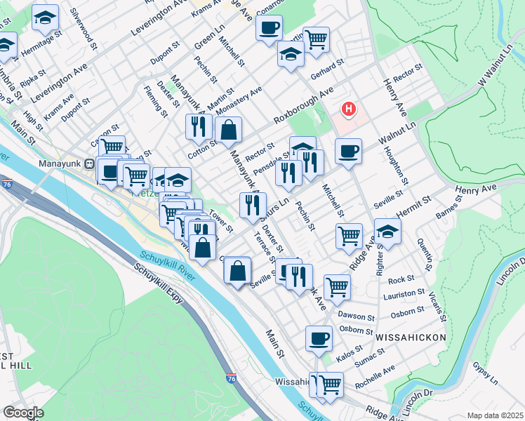 map of restaurants, bars, coffee shops, grocery stores, and more near 4104 Manayunk Avenue in Philadelphia