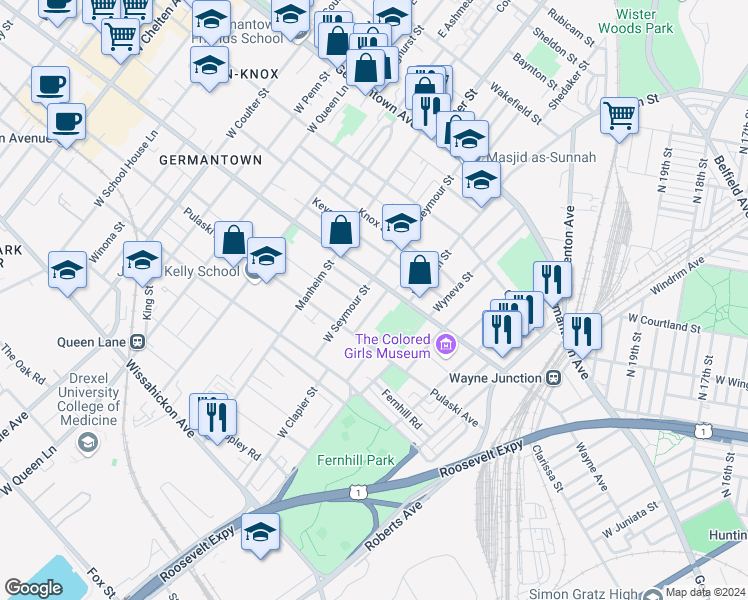 map of restaurants, bars, coffee shops, grocery stores, and more near 223 West Clapier Street in Philadelphia