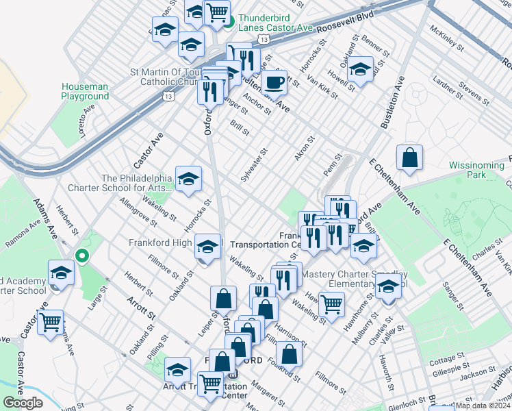 map of restaurants, bars, coffee shops, grocery stores, and more near 5162 Akron Street in Philadelphia