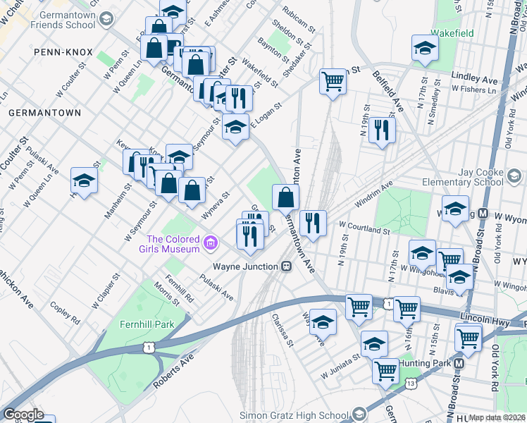map of restaurants, bars, coffee shops, grocery stores, and more near 110 West Sylvania Street in Philadelphia
