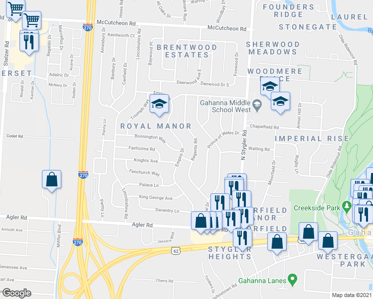 map of restaurants, bars, coffee shops, grocery stores, and more near 236 Empire Dr in Gahanna