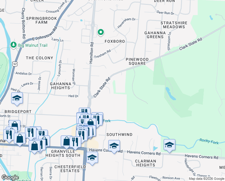 map of restaurants, bars, coffee shops, grocery stores, and more near 3332 Longstreth Park Place in Columbus