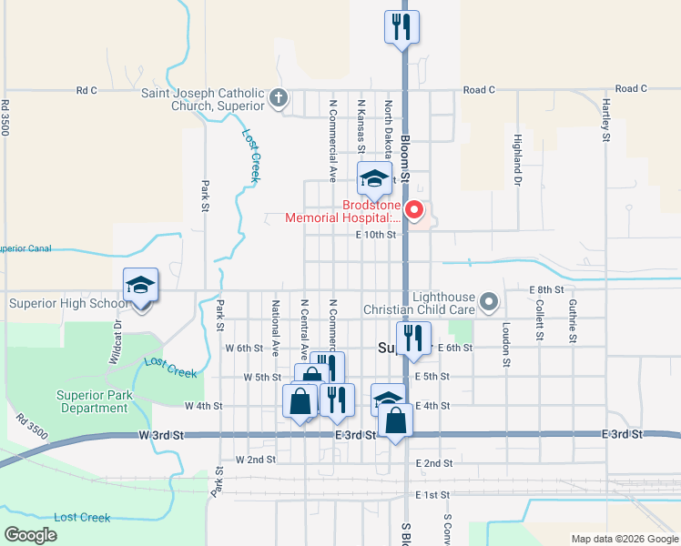 map of restaurants, bars, coffee shops, grocery stores, and more near 836 North Commercial Avenue in Superior