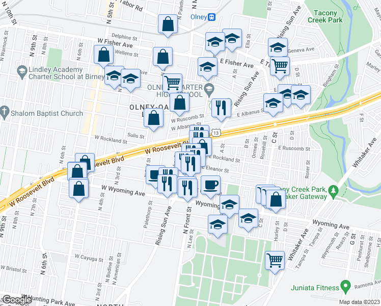 map of restaurants, bars, coffee shops, grocery stores, and more near 4898 North Hope Street in Philadelphia