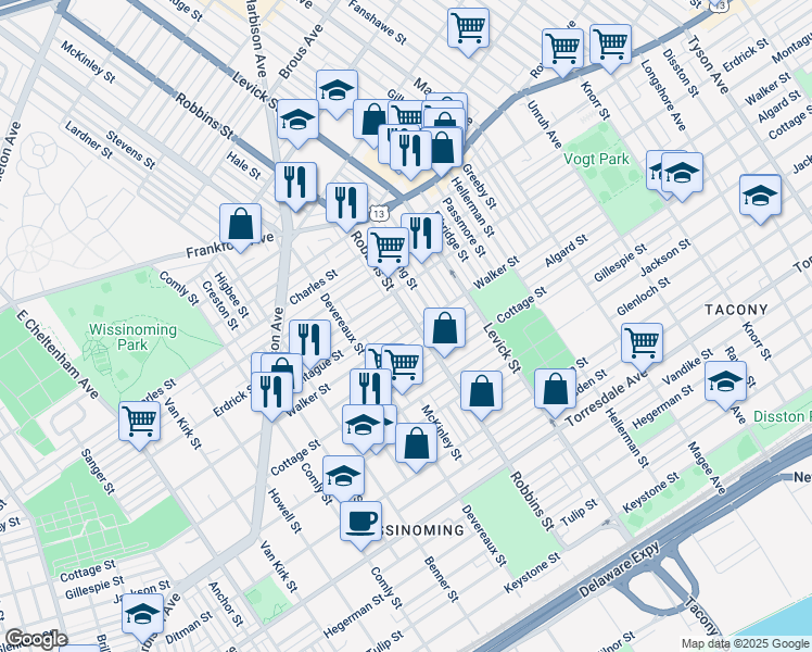 map of restaurants, bars, coffee shops, grocery stores, and more near 6264 Walker Street in Philadelphia