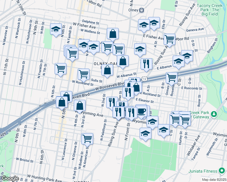 map of restaurants, bars, coffee shops, grocery stores, and more near 182 1/2 West Roosevelt Boulevard in Philadelphia
