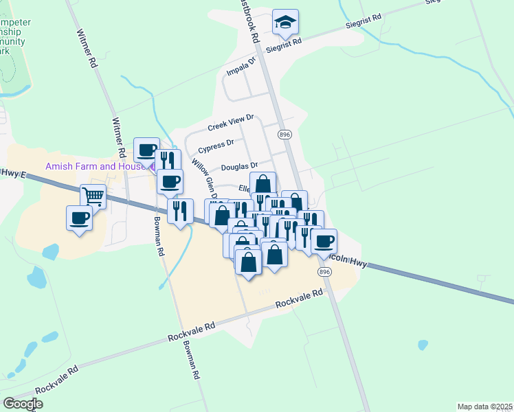 map of restaurants, bars, coffee shops, grocery stores, and more near 20 North Willowdale Drive in Lancaster