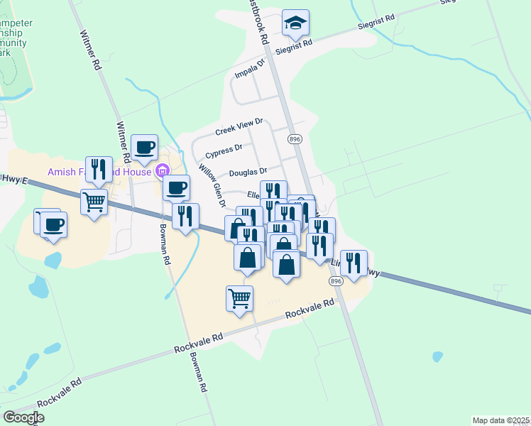 map of restaurants, bars, coffee shops, grocery stores, and more near 20 North Willowdale Drive in Lancaster