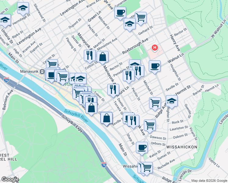 map of restaurants, bars, coffee shops, grocery stores, and more near 210 Shurs Lane in Philadelphia