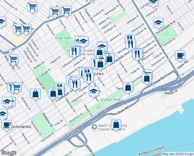 map of restaurants, bars, coffee shops, grocery stores, and more near 6744 Vandike Street in Philadelphia