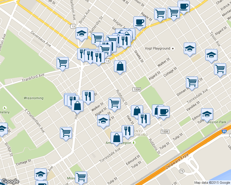map of restaurants, bars, coffee shops, grocery stores, and more near 6264 Walker Street in Philadelphia
