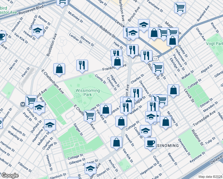 map of restaurants, bars, coffee shops, grocery stores, and more near 4073 Comly Street in Philadelphia