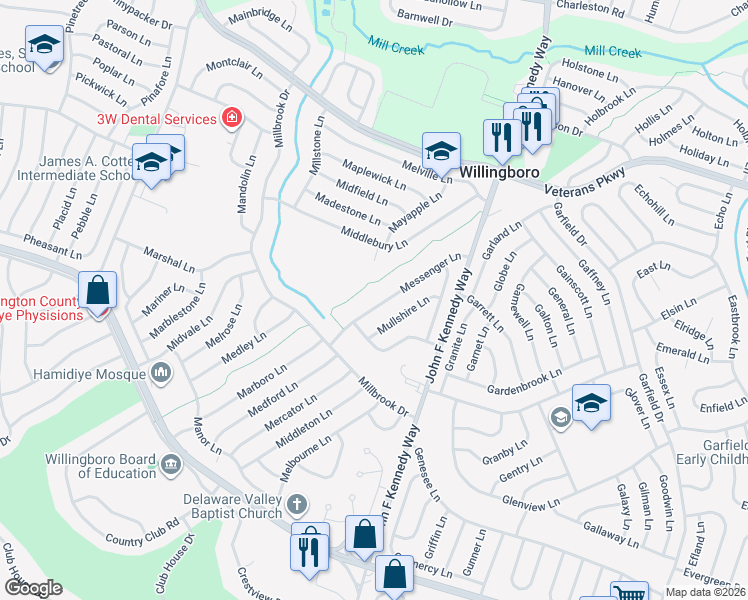 map of restaurants, bars, coffee shops, grocery stores, and more near 37 Messenger Lane in Willingboro