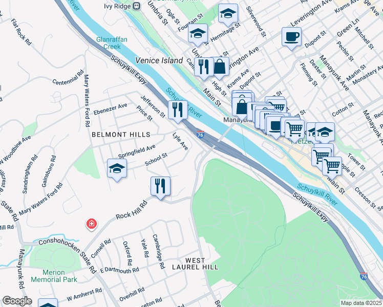 map of restaurants, bars, coffee shops, grocery stores, and more near 112 Pencoyd Avenue in Bala Cynwyd
