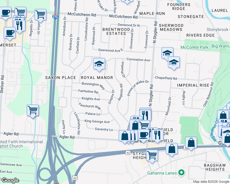 map of restaurants, bars, coffee shops, grocery stores, and more near 229 Regents Road in Columbus
