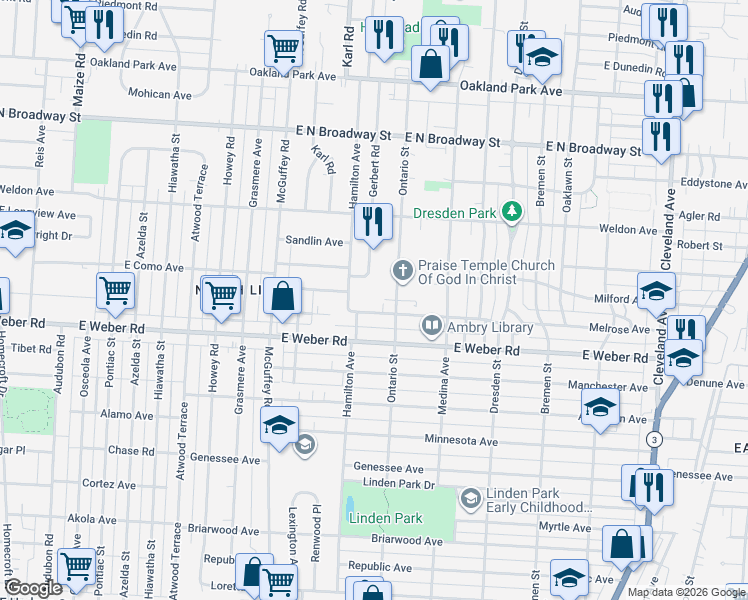 map of restaurants, bars, coffee shops, grocery stores, and more near 1304 Melrose Avenue in Columbus
