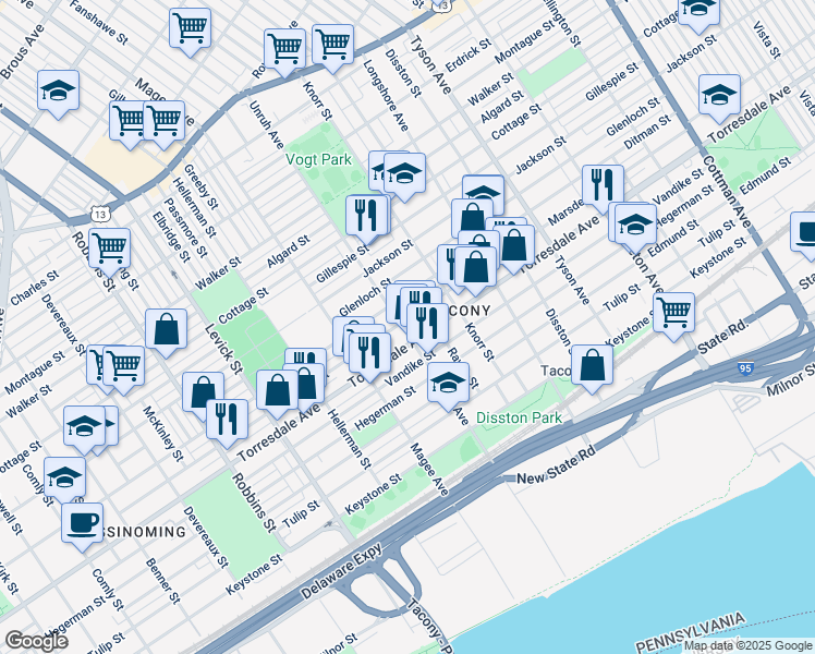 map of restaurants, bars, coffee shops, grocery stores, and more near 6701 Marsden Street in Philadelphia