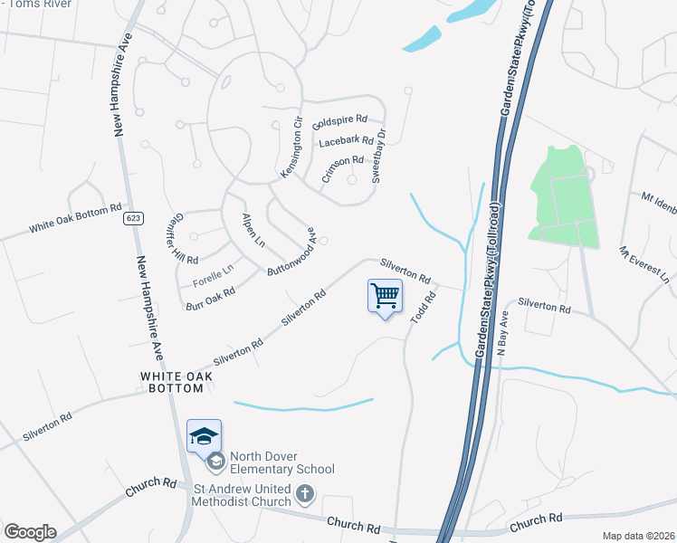 map of restaurants, bars, coffee shops, grocery stores, and more near 1556 Silverton Road in Toms River