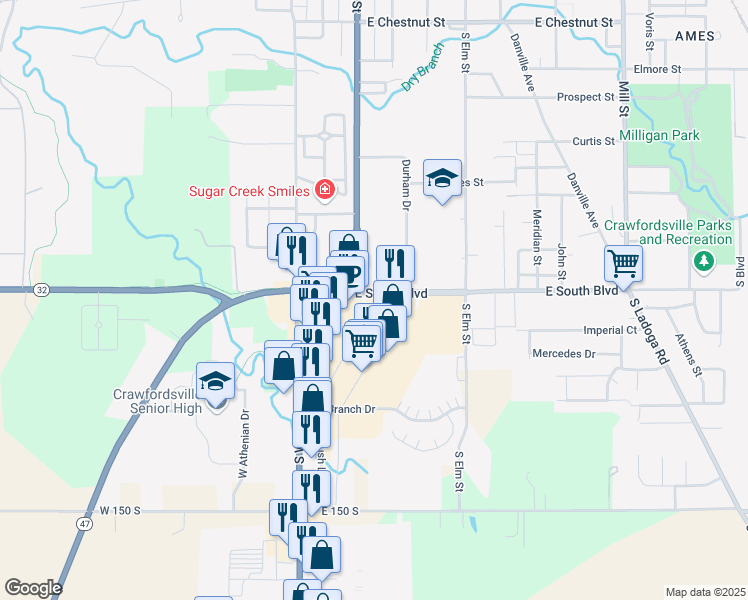 map of restaurants, bars, coffee shops, grocery stores, and more near Crawfordsville Square Drive in Crawfordsville