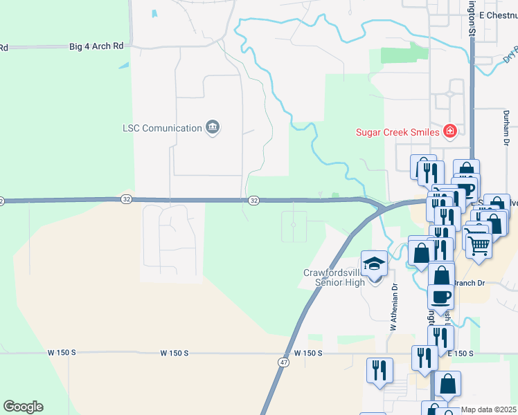 map of restaurants, bars, coffee shops, grocery stores, and more near 585 Indiana 32 in Crawfordsville
