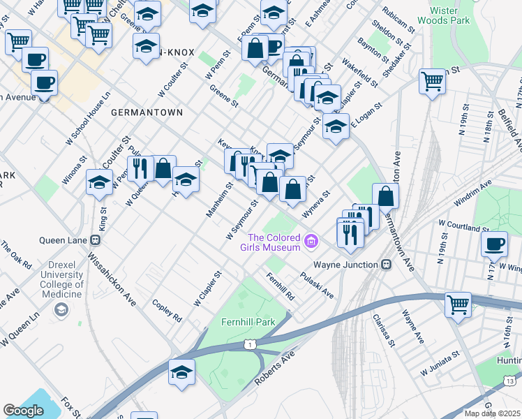 map of restaurants, bars, coffee shops, grocery stores, and more near 221 West Clapier Street in Philadelphia