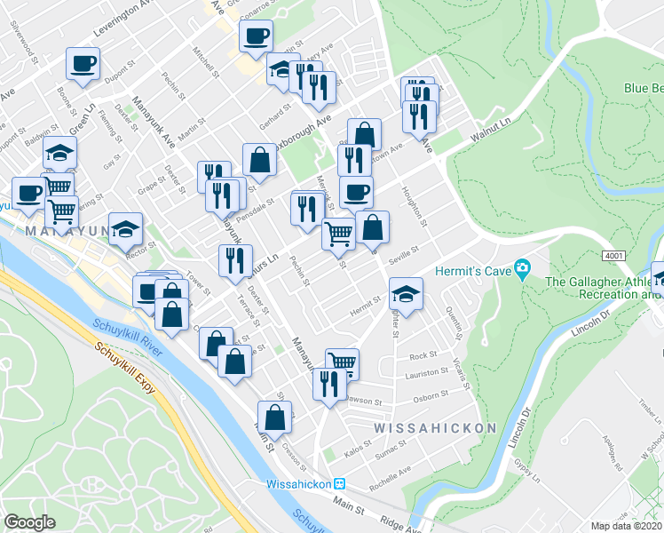 map of restaurants, bars, coffee shops, grocery stores, and more near 446 Markle Street in Philadelphia