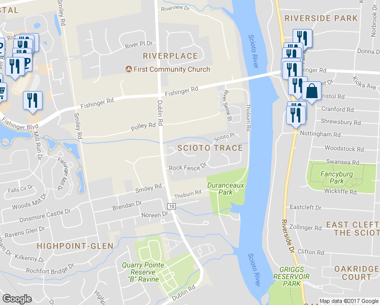 map of restaurants, bars, coffee shops, grocery stores, and more near 3118 Adena Point Court in Columbus