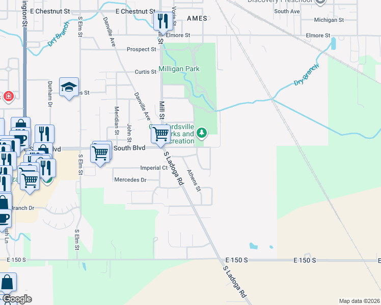 map of restaurants, bars, coffee shops, grocery stores, and more near 1008 Broadway Street in Crawfordsville