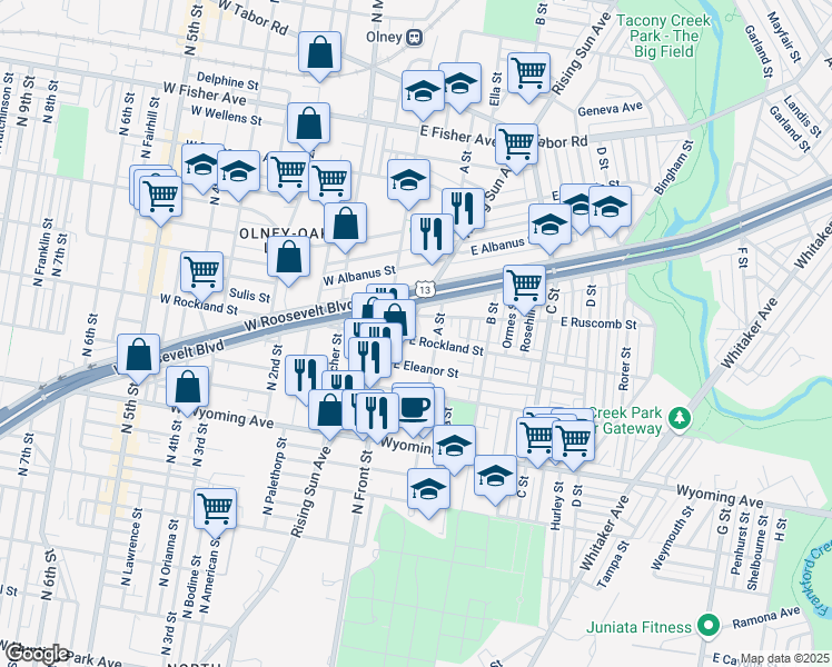 map of restaurants, bars, coffee shops, grocery stores, and more near 4901 Rising Sun Avenue in Philadelphia