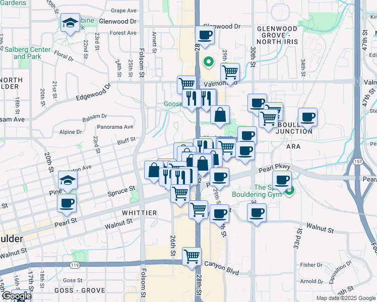 map of restaurants, bars, coffee shops, grocery stores, and more near 2727 Pine Street in Boulder