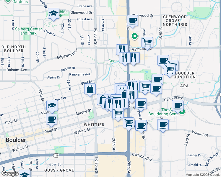 map of restaurants, bars, coffee shops, grocery stores, and more near 2630-2632 Mapleton Avenue in Boulder