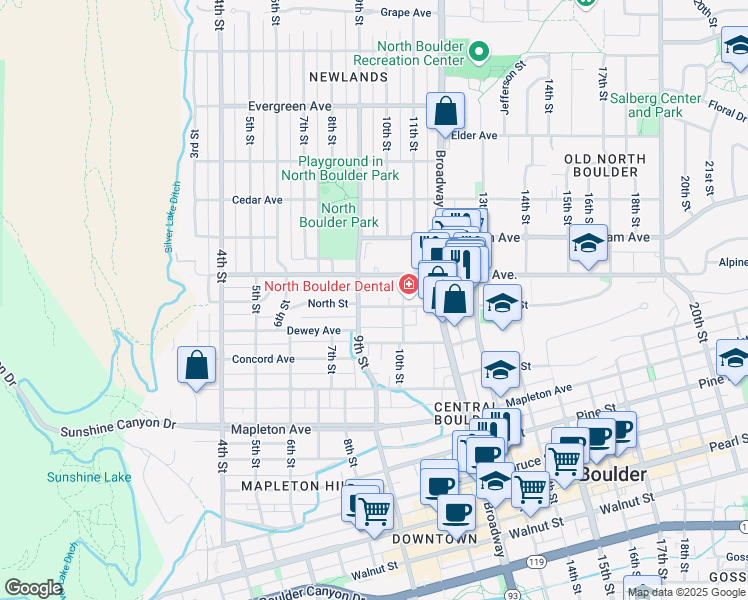 map of restaurants, bars, coffee shops, grocery stores, and more near 940 North Street in Boulder